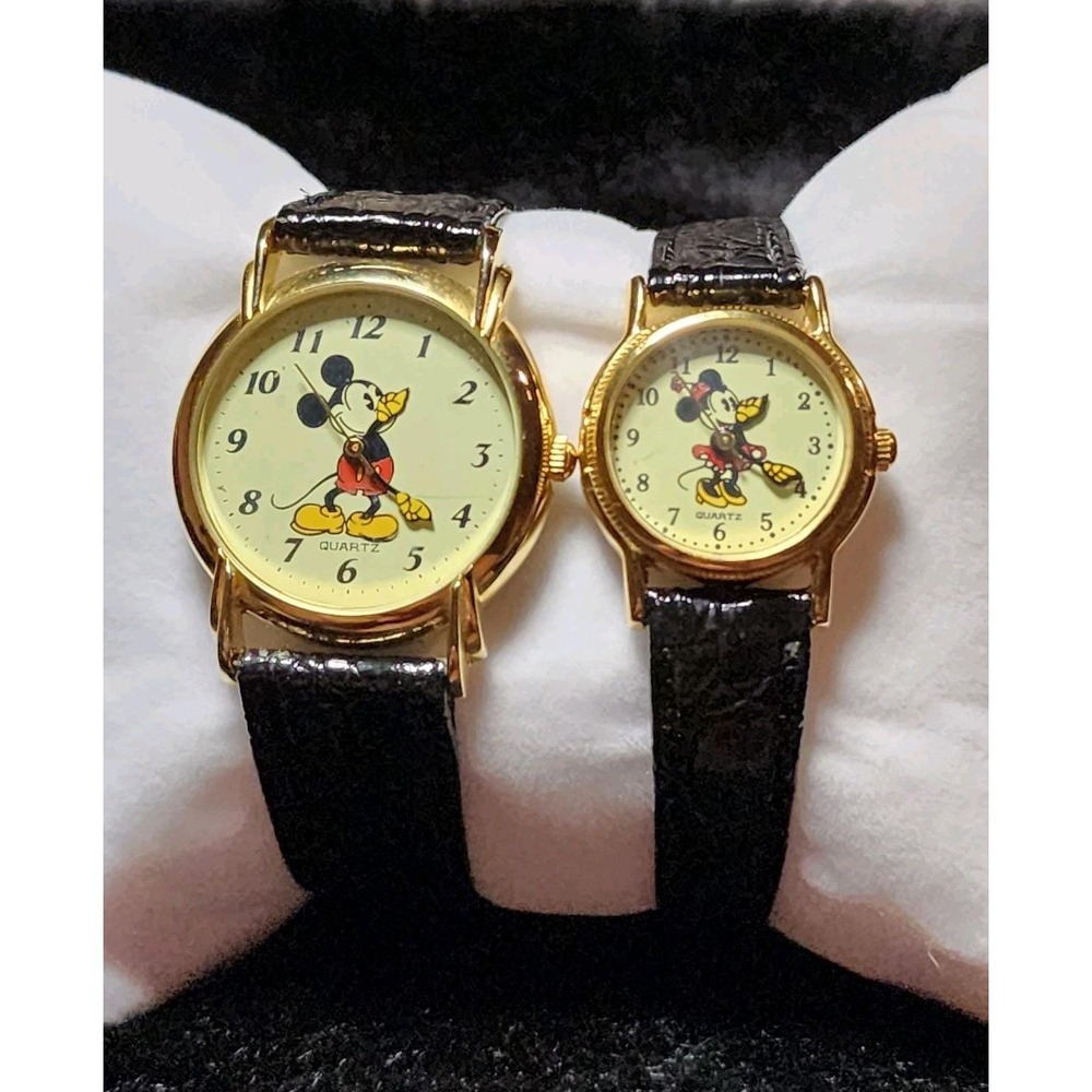 Vintage Disney Mickey & Minnie Mouse Watches Running Leather Band His & Hers Y2K